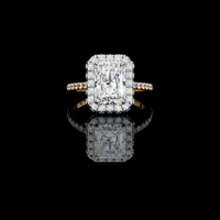 Radiant Cut Halo Moissanite Diamond Ring with Pave Band