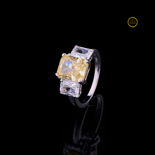 Fancy Vivid Yellow Radiant Moissanite Diamond Three Stone Engagement Ring