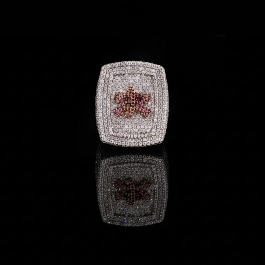 2.70 TCW Exquisite Round Moissanite Diamond Statement Ring Featuring Pave Diamonds & Vibrant Pink Floral as a Centerpiece
