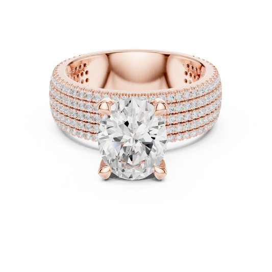 Oval Cut Lab Grown Solitaire Multi Row Pave Diamond Engagement Ring