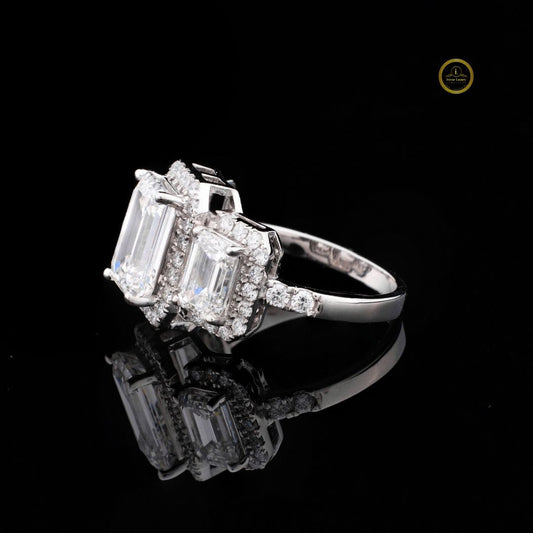 Halo Set Emerald Lab Diamond Three Stone Ring For Her