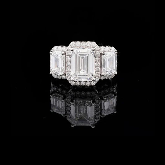 Halo Set Emerald Lab Diamond Three Stone Ring For Her
