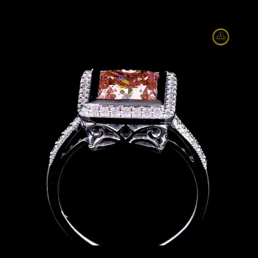Fancy Vivid Brown Princess Moissanite Diamond Ring Halo Pave Band