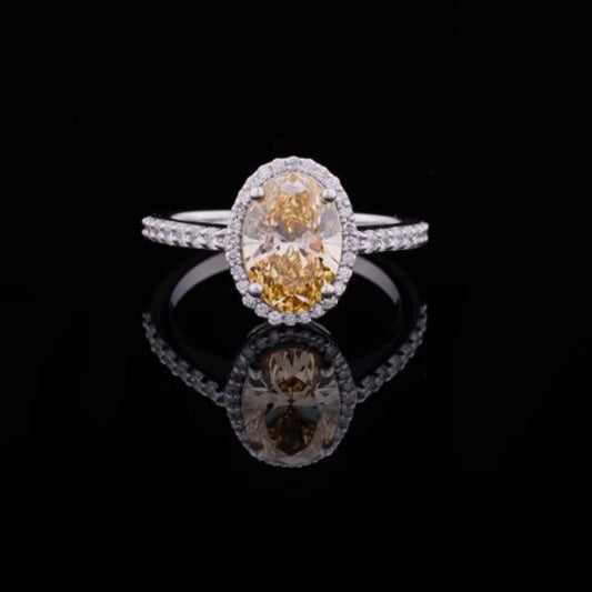 3.00 CT Radiant Fancy Vivid Yellow Oval Cut Lab Created Diamond Custom Ring with Pave Band for Her