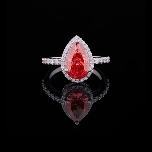 Pear Cut Red Lab Grown Diamond Pave Halo Ring