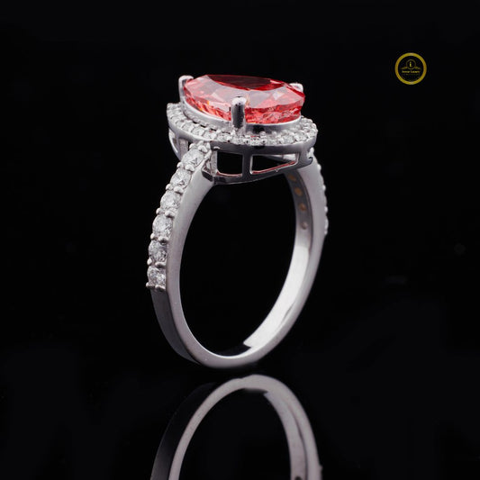 Pear Cut Red Lab Grown Diamond Pave Halo Ring