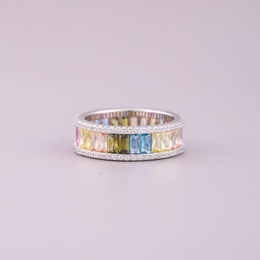 Rainbow Sapphire Eternity Band Diamond Pave Edges Natural Sapphire Ring