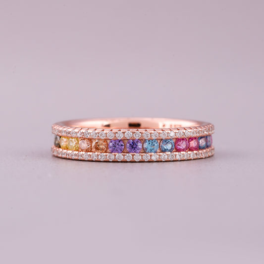 Rainbow Sapphire Eternity Band Diamond Pave Border Natural Sapphire Ring