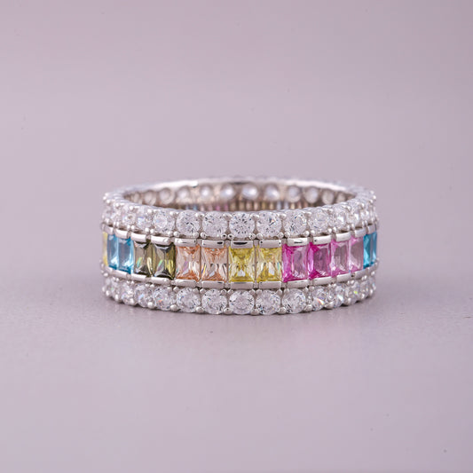 Rainbow Sapphire Eternity Band Double Pave Diamonds Natural Sapphire Ring