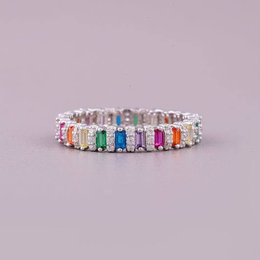 Emerald Cut Rainbow Sapphire Eternity Band Natural Sapphire Ring