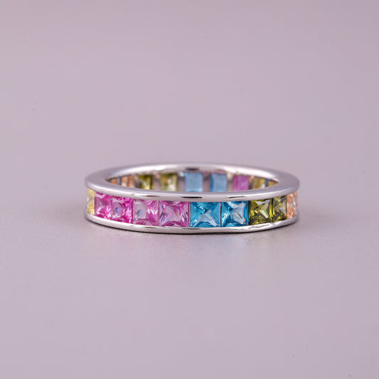 Princess Cut Rainbow Sapphire Eternity Band Natural Sapphire Ring