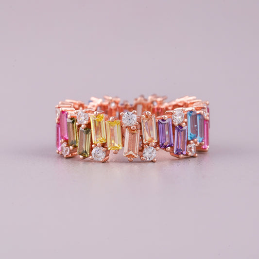 Emerald Cut Natural Rainbow Sapphire & Diamond Eternity Band Ring