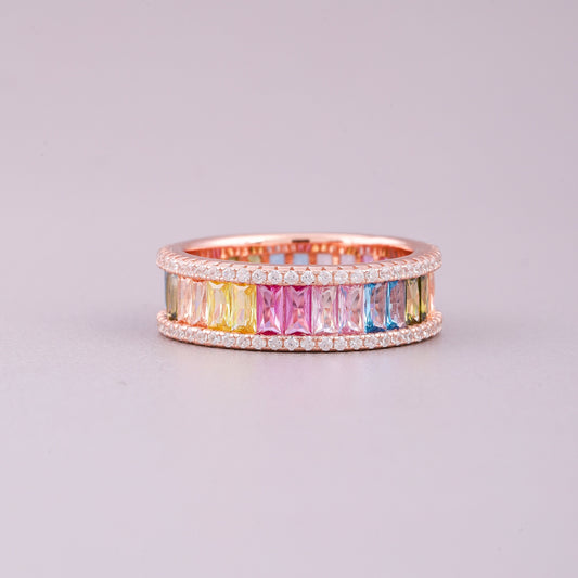 Natural Rainbow Baguette Sapphire & Diamond Eternity Band Ring  Anniversary Band