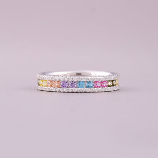 Round Rainbow Natural Sapphire & Diamond Eternity Band Ring Anniversary Band - view 2