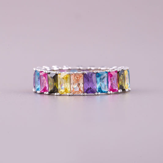 Rainbow Emerald Cut Sapphire Diamond Eternity Band Ring Wedding Band