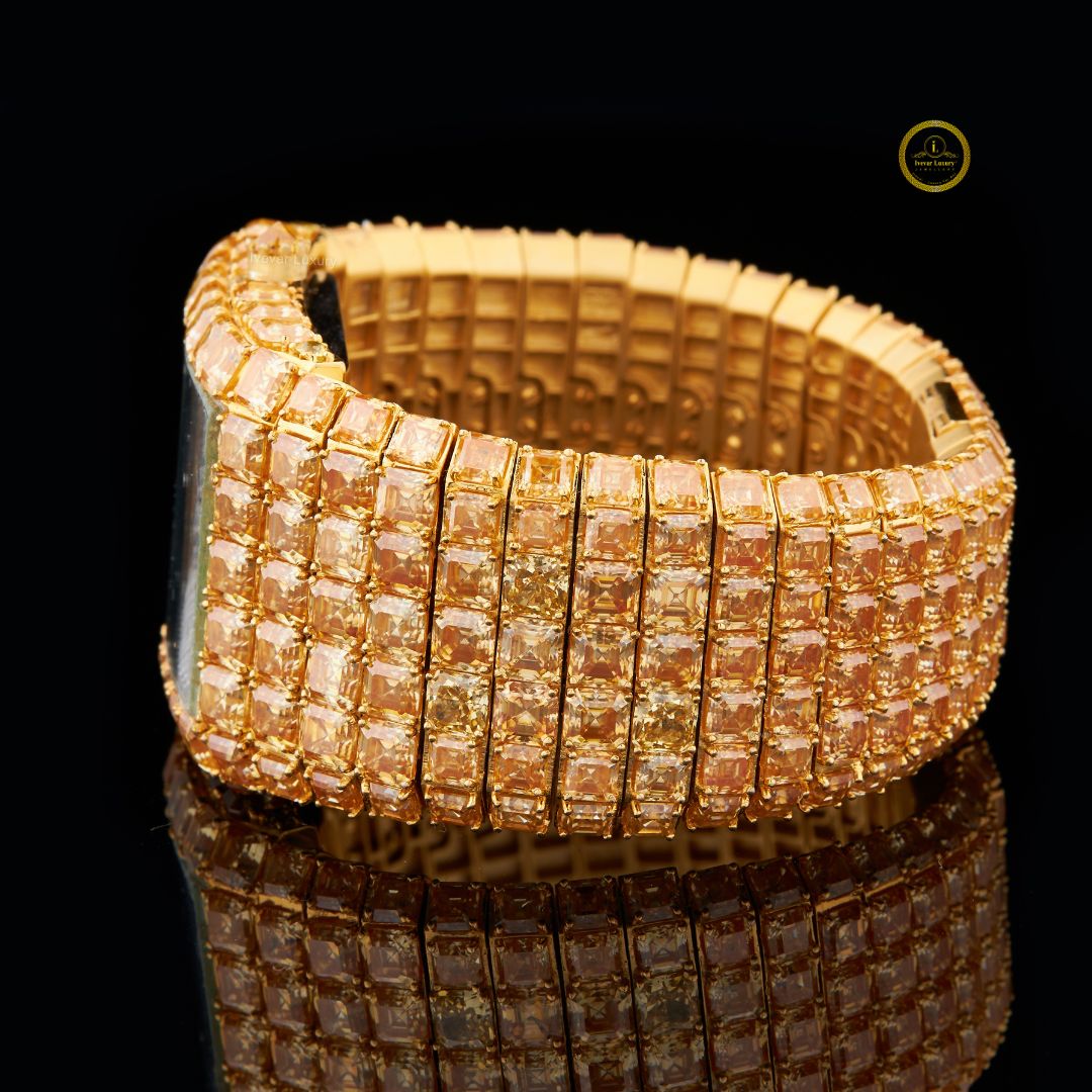 130 CT Yellow Moissanite Bustdown Watch Baguette Dial & Asscher Cut Brilliance with Yeallow - view 3