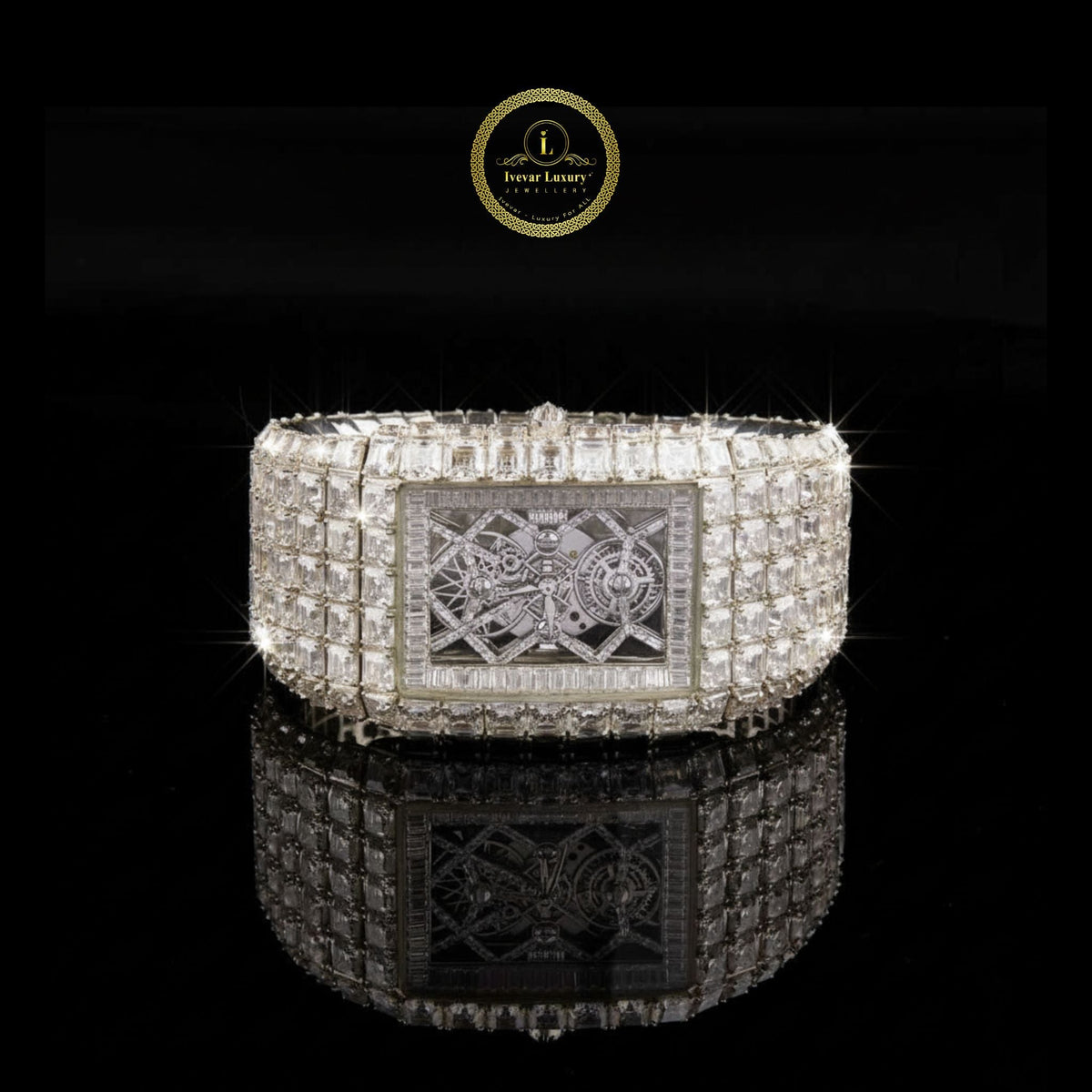 130 Carat Moissinite Masterpiece Watch – Fully Iced Baguette & Asscher Cut Edition