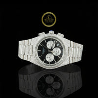 Black Chronograph Diamond Watch with Pavé Bracelet & White Gold Finish
