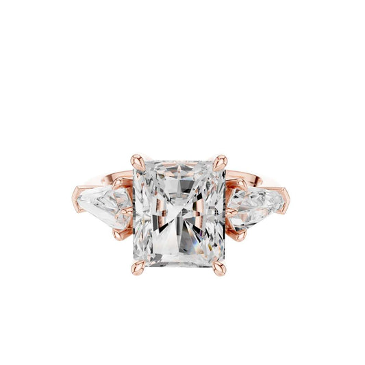 Radiant Moissanite Diamond Three Stone Ring With Kite Side Stones