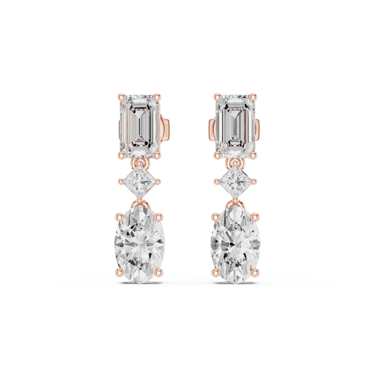 Three Stone Emerald Princess & Oval Lab Diamond Linear Drop Earrings