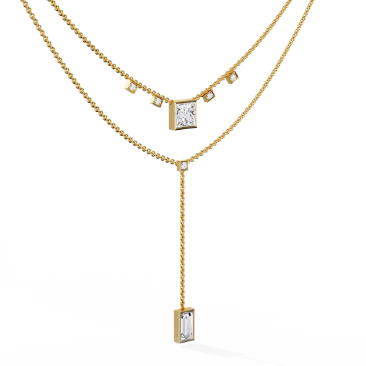 Two Layered Princess and Baguette Moissanite Diamond Lariat Necklace