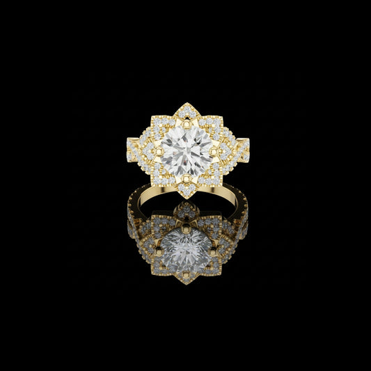 Round Floral Halo Moissanite Diamond Split Shank Engagement Ring