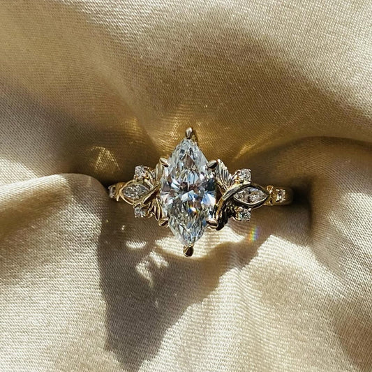 Marquise Lab Grown Diamond Ring with Floral Leaf Side Stones