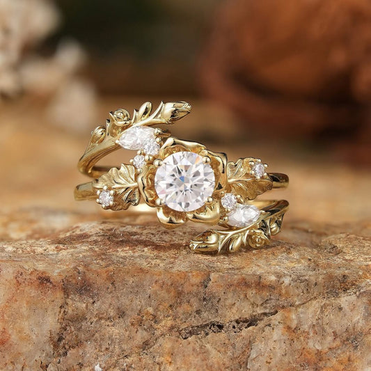 Round Cut Moissanite Diamond Leaf Bridal Ring Set