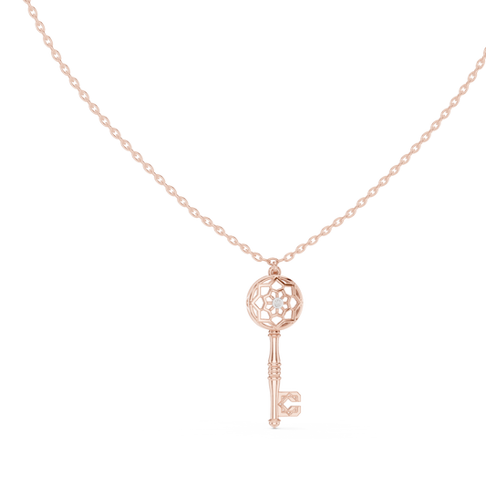 0.01 TCW Elegant Key Moissanite Pendant with Geometric Lattice Design and Diamond Accent