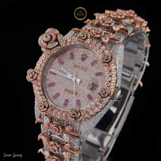 Full Iced Out Diamond Watch with Floral Scroll Bezel & Pink Baguette Dial Markers - View 2