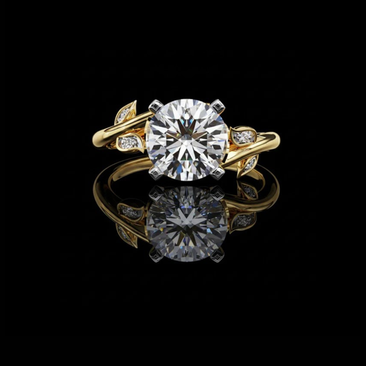 1.74 CT Nature Embrace A Round Cut Lab Grown Diamond Ring Adorned with Leaf-Inspired Sparkling Accents