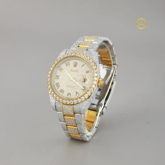 Full Iced Out Diamond Date Watch with Roman Numeral Dial & Two-Tone Links
