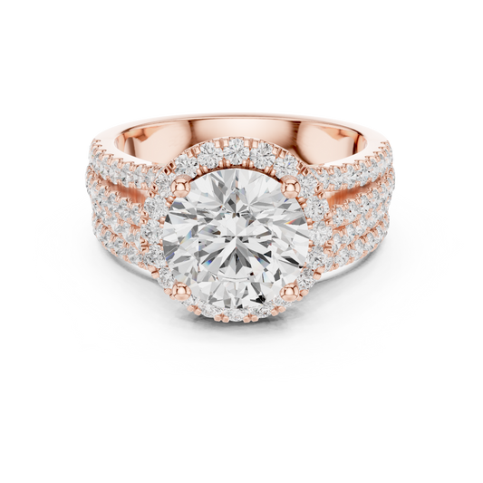 Round Halo Diamond Lab Ring with Triple Pave Split Shank Band