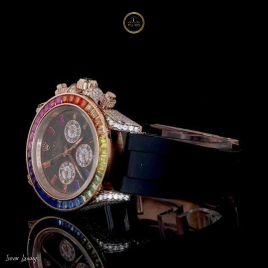 Rainbow Sapphire Bezel Chronograph Watch with Black Rubber Strap