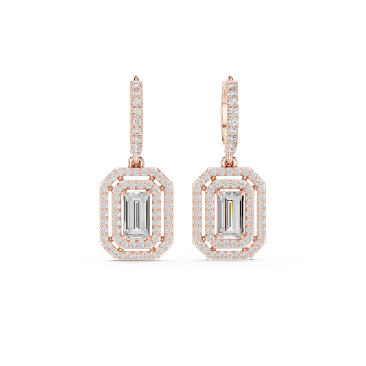 Art Deco Octagonal Double Halo Emerald Cut Moissanite Diamond Huggie Drop Earrings