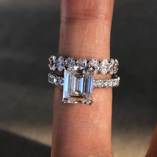 Emerald Lab Grown Diamond Bridal Set With Oval Eternity Wedding Band