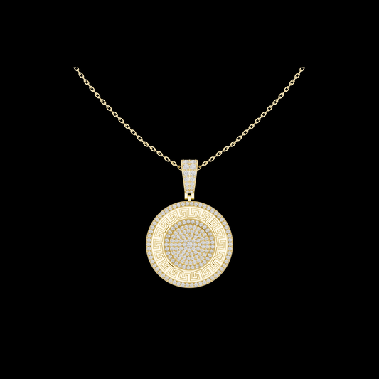 1.42 TCW Luxury Medallion Greek Key Design Round Pave Lab Grown Diamond Pendant Statement Jewelry