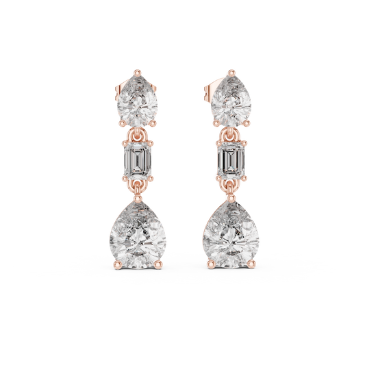 Three Stone Pear & Emerald Cut Lab Diamond Drop Stud Earrings with Vertical Design