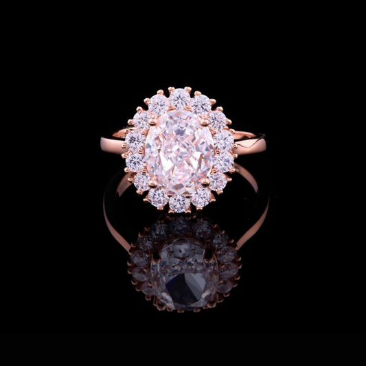 1.45 CT Oval Cut Lab Diamond Floral-Halo Ring in Rose Gold Showcasing Exquisite Detail