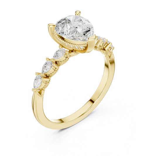 Pear Cut Hidden Halo With Side Stone Moissanite Diamond Engagement Ring