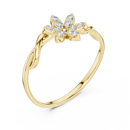 0.013 TCW Radiant Floral Moissanite Round Diamond Ring with Twisted Vine-Inspired Band