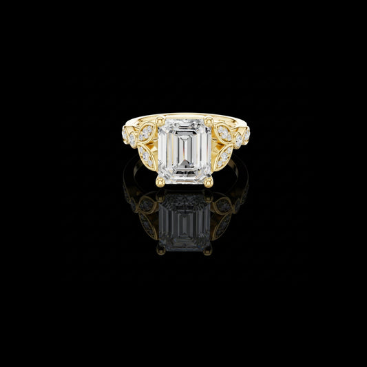 3.11 TCW Imperial Aura Emerald Cut Moissanite Diamond Ring in Sculpted Gold with Vintage Halo Side Accents