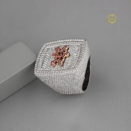 2.70 TCW Exquisite Round Moissanite Diamond Statement Ring Featuring Pave Diamonds & Vibrant Pink Floral as a Centerpiece