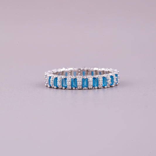 Emerald Cut Blue Sapphire Natural Rainbow Diamond Eternity Band Ring Wedding Band