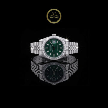 Round Cut Moissanite Diamond Bezel Green Dial Date just Style Watch with Jubilee Bracelet