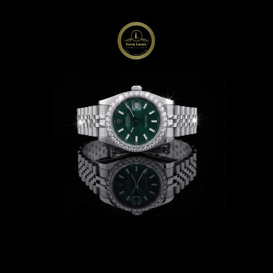 Round Cut Moissanite Diamond Bezel Green Dial Date just Style Watch with Jubilee Bracelet
