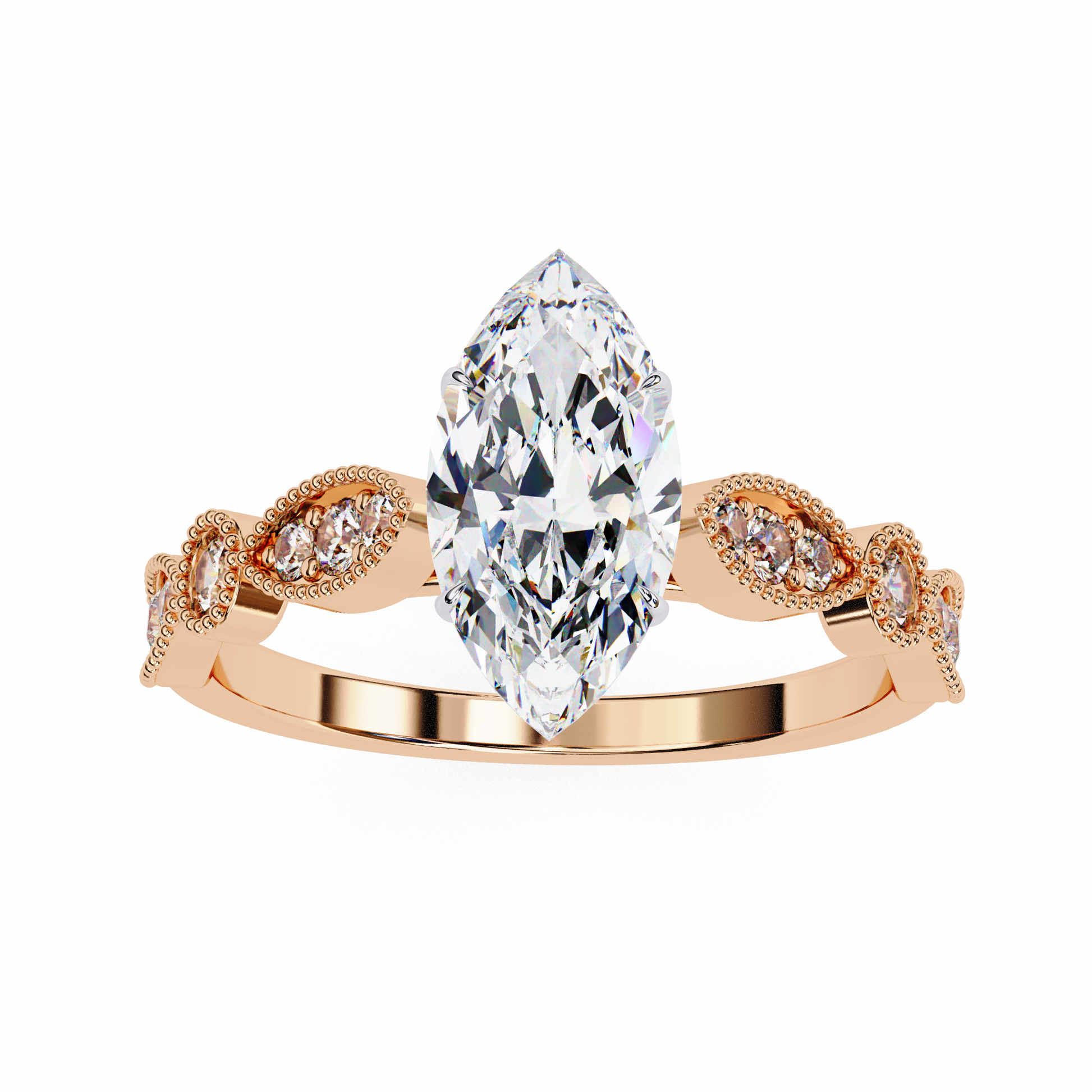 Rose gold ring with a large diamond and smaller diamonds
