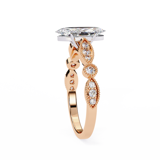Vintage Marquise Lab Diamond Engagement Ring With Milgrain Band