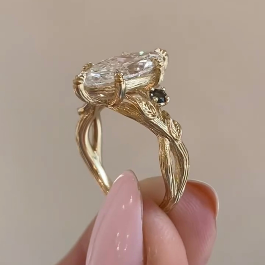 Marquise Cut Moissanite Diamond Leaf Vine Engagement Ring With Black Accents