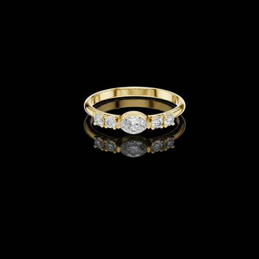 0.15 CT Modern Heirloom Gold Ring with Marquise Center Moissanite Diamond & Symmetric Side Accents